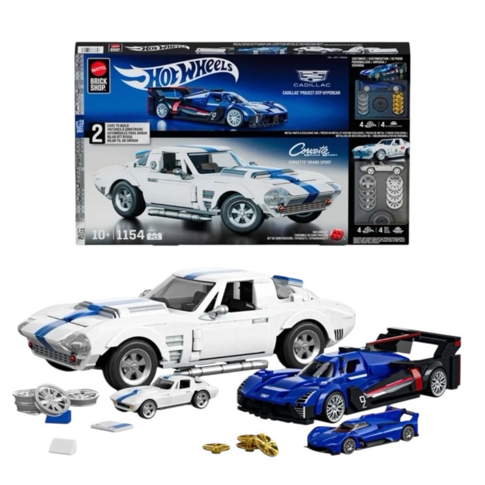 2Pack Corvette Grand Sport & Cadillac 1154Pcs Mattel Brick Shop Hot Wheels JMC65